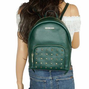 Michael Kors Erin Medium Backpack Pebbled Leather Racing Green Gold Toned Studs
